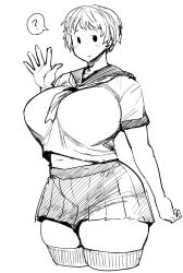 Rule 34 | 1girl, ?, bad id, bad tumblr id, blouse, blush, breasts, curvy, greyscale, highres, huge breasts, light smile, looking at viewer, midriff, miniskirt, monochrome, navel, pleated skirt, school uniform, serafuku, shirt, short hair, simple background, skirt, smile, solid oval eyes, solo, spoken question mark, standing, synecdoche, thick thighs, thighs, white background, wide hips
