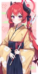 Rule 34 | 1girl, arrow (projectile), blue archive, floral print, hakama, hakama skirt, halo, hamaya, highres, horns, japanese clothes, junko (blue archive), junko (new year) (blue archive), kimono, long hair, murase48, purple eyes, red hair, skirt, smile, twintails