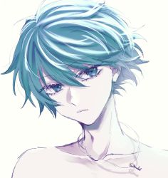 Rule 34 | 1boy, aqua eyes, aqua hair, closed mouth, collarbone, hair between eyes, head tilt, hiyori sou, jewelry, key, key necklace, kimi ga shine, looking at viewer, male focus, necklace, portrait, short hair, simple background, solo, topless male, uououoon, white background