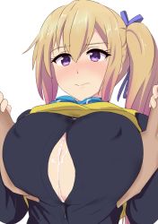 Rule 34 | 10s, 1girl, after paizuri, aftersex, asymmetrical hair, blonde hair, blush, breasts, cleavage, covered erect nipples, cum, cum on body, cum on breasts, cum on upper body, embarrassed, grabbing, grabbing another&#039;s breast, groping, hair ribbon, hand on breast, highres, kawakami mai, large breasts, long hair, musaigen no phantom world, naozuri, paizuri, purple eyes, ribbon, side ponytail, simple background, upper body, white background