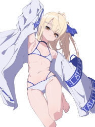 Rule 34 | 1girl, :/, absurdres, antenna hair, arm up, armpits, barefoot, bikini, blonde hair, borrowed character, breasts, closed mouth, commentary request, cowboy shot, expressionless, hair ornament, hairclip, highres, jacket, looking at viewer, multi-strapped bikini bottom, myakuro, open clothes, open jacket, orange eyes, original, simple background, small breasts, solo, standing, standing on one leg, stomach, swimsuit, white background, white bikini, white jacket