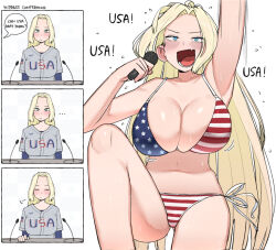 Rule 34 | 1girl, america (ohasi), american flag, american flag bikini, american flag print, bare arms, bare shoulders, baseball uniform, bikini, blonde hair, blue eyes, blush, bouncing breasts, breasts, cleavage, collarbone, english text, flag print, jersey, large breasts, layered sleeves, long hair, long sleeves, microphone, navel, ohasi, open mouth, original, parted bangs, press conference, print bikini, raised fist, shiny skin, short over long sleeves, short sleeves, solo, sportswear, sweat, swimsuit, undressing, upper body