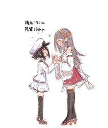 Rule 34 | 2girls, black hair, black legwear, blush, boots, female admiral (kancolle), full body, hair ornament, hairclip, haruna (kancolle), hat, headgear, height difference, high heels, holding hands, jacket, kantai collection, long hair, looking at another, military, military uniform, multiple girls, naval uniform, nontraditional miko, pantyhose, peaked cap, red skirt, reflection, remodel (kantai collection), ribbon-trimmed sleeves, ribbon trim, simple background, sketch, skirt, thigh boots, thighhighs, uniform, utopia, white background, white headwear, white jacket, white skirt