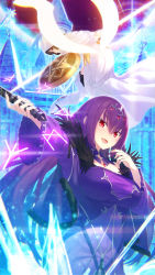Rule 34 | 2girls, :d, blush, breasts, brown hair, capelet, castle, dress, fate/grand order, fate (series), feather trim, fingernails, glowing, glowing wings, hair between eyes, hands up, headpiece, highres, holding, holding shield, holding wand, hood, hood up, kaina (tsubasakuronikuru), large breasts, long hair, long sleeves, multiple girls, open mouth, ortlinde (fate), outstretched arm, purple dress, purple hair, red eyes, robe, scathach (fate), scathach skadi (fate), shield, smile, valkyrie (fate), very long hair, wand, white capelet, white robe, wide sleeves, wings