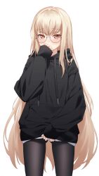 Rule 34 | 1girl, artist request, black hoodie, black pantyhose, blonde hair, covering own mouth, drawstring, embarrassed, girls&#039; frontline, glasses, gluteal fold, hand over own mouth, highres, hood, hood down, hoodie, legs apart, long hair, looking at viewer, pantyhose, round eyewear, shy, sleeves past wrists, solo, standing, thighs, type 80 (girls&#039; frontline), very long hair, white background, yellow eyes