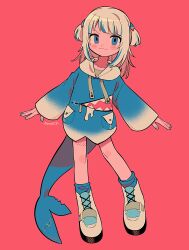 Rule 34 | 1girl, animal hood, arms at sides, black footwear, blue eyes, blue footwear, blue hair, blue hoodie, blue nails, blue socks, blunt bangs, blush stickers, closed mouth, collarbone, commentary, dot nose, fins, fish tail, full body, gawr gura, gawr gura (1st costume), hair ornament, halftone, highres, hololive, hololive english, hood, hoodie, light smile, long hair, long sleeves, looking at viewer, menma (enaic31), multicolored footwear, multicolored hair, nail polish, outstretched arms, red background, shark hair ornament, shark hood, shark tail, short eyebrows, sidelocks, simple background, socks, solo, split mouth, standing, stitches, straight hair, streaked hair, tail, twitter username, two side up, v-shaped eyebrows, virtual youtuber, white footwear, white hair, white hoodie