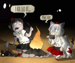Rule 34 | 2girls, animal ears, axe, bird, black hair, boned meat, campfire, crow, don&#039;t starve, eating, english text, fang, feathers, food, inubashiri momiji, meat, multiple girls, open mouth, pointy ears, robin (unlimited world), shameimaru aya, shield, sitting, solid circle eyes, sword, tail, touhou, weapon, white eyes, white hair, wolf ears, wolf tail