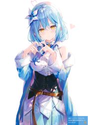 Rule 34 | 1girl, absurdres, ahoge, bare shoulders, belt, beret, blue hair, blush, breasts, buttons, closed mouth, frills, fur trim, gat (korean traditional hat), hair ornament, hands up, hat, head tilt, heart, heart hands, highres, hololive, long sleeves, looking at viewer, medium breasts, off shoulder, page number, pointy ears, rin yuu, scan, simple background, skirt, smile, snowflake print, snowflakes, solo, standing, virtual youtuber, white background, yellow eyes, yukihana lamy
