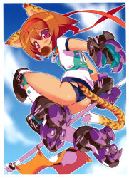 Rule 34 | 1girl, absurdres, animal ears, animal hands, armor, ass, blade (galaxist), blue sky, blush, brown hair, buruma, collar, day, fang, flag, food, gauntlets, gloves, greaves, gym uniform, hairband, highres, jumping, knee pads, kneehighs, looking back, mouth hold, original, paw gloves, purple eyes, scan, short hair, sky, socks, solo, tail, tiger ears, tiger tail, white socks