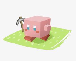 Rule 34 | 1boy, blue eyes, blush stickers, colored skin, commentary request, grass, highres, holding, holding pickaxe, kirby, kirby (series), male focus, minecraft, nintendo, pickaxe, pink skin, roroichi, simple background, solo, super smash bros., walking, white background