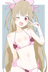 Rule 34 | 1girl, absurdres, bad id, bad twitter id, bandages, bikini, blush, breasts, collarbone, donguri suzume, fang, groin, hair ornament, hat, heart, highres, light brown hair, long hair, looking at viewer, nail polish, natori sana, navel, nurse cap, one eye closed, open mouth, pink bikini, pink hat, rabbit hair ornament, red eyes, red nails, sana channel, small breasts, solo, swimsuit, thighs, two side up, very long hair, virtual youtuber, w
