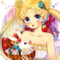 Rule 34 | 1990s (style), 1girl, animal, asako (itiba), bad id, bad pixiv id, bare arms, bare shoulders, basket, bishoujo senshi sailor moon, blonde hair, blue eyes, blue flower, blue rose, blush, collarbone, double bun, dress, earrings, flower, hair bun, hair flower, hair ornament, happy, head tilt, jewelry, long hair, looking at viewer, magical girl, multicolored background, name connection, neck, object namesake, open mouth, parted bangs, princess, princess serenity, rabbit, red flower, red rose, retro artstyle, rose, smile, solo, star (symbol), strapless, strapless dress, stud earrings, tsukino usagi, twintails, upper body, white dress