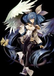 Rule 34 | 1girl, asymmetrical wings, banpai akira, bare shoulders, black background, black panties, black thighhighs, blue hair, breasts, breasts apart, buttons, detached collar, detached sleeves, dizzy (guilty gear), feathered wings, full body, guilty gear, guilty gear xrd, hair between eyes, hair ribbon, hand on own chest, hand up, high heels, highres, invisible chair, knee up, large breasts, leg belt, long hair, long sleeves, looking up, monster girl, panties, parted lips, red eyes, ribbon, shirt, shoes, showgirl skirt, sidelocks, simple background, sitting, solo, tail, tail ornament, tail ribbon, thigh strap, thighhighs, twintails, underwear, very long hair, white footwear, white ribbon, white shirt, wide sleeves, wings, yellow ribbon
