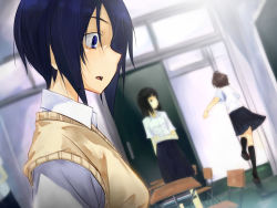 Rule 34 | 3girls, black hair, blue eyes, blue hair, blush, brown hair, classroom, commentary request, long hair, multiple girls, open mouth, original, running, school, school uniform, short hair, surprised, sweater vest, yui 7