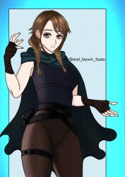 Rule 34 | 1girl, black gloves, black pantyhose, black shirt, blue background, brown eyes, brown hair, cape, closed mouth, eleanor leywin, gloves, green cape, hands up, long hair, pantyhose, serious, shirt, the beginning after the end, very long hair