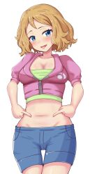 Rule 34 | 1girl, absurdres, blue eyes, blue shorts, breasts, brown hair, creatures (company), cropped jacket, cropped shirt, game freak, green shirt, highres, jacket, looking at viewer, maho (corotonton5150), navel, nintendo, open mouth, pink jacket, pokemon, pokemon (anime), pokemon xy (anime), serena (pokemon), shirt, shorts, small breasts, smile, solo, white background