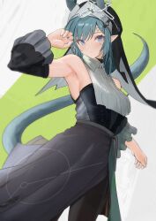 Rule 34 | 1girl, arknights, arknights: endfield, armpits, bare shoulders, black dress, black pantyhose, blue eyes, blue hair, breasts, commentary request, cowboy shot, detached sleeves, dress, hand up, highres, long hair, looking at viewer, pantyhose, parted lips, small breasts, solo, sora mame (princess 0sora), standing, tail, xaihi (arknights)