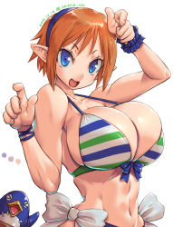 Rule 34 | 1girl, amania orz, bikini, blue eyes, breasts, dated, disgaea, large breasts, looking at viewer, magic knight (disgaea), open mouth, orange hair, pointy ears, prinny, shiny skin, short hair, simple background, skindentation, striped bikini, striped clothes, swimsuit, white background