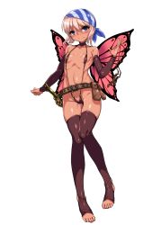 Rule 34 | 1girl, absurdres, bandana, belt, blonde hair, blue eyes, blush, butterfly wings, cleft of venus, detached sleeves, fairy, feet, harigane shinshi, highres, insect wings, no shoes, original, short hair, simple background, slingshot swimsuit, solo, swimsuit, tan, thighhighs, toeless legwear, toes, weapon, white background, wings