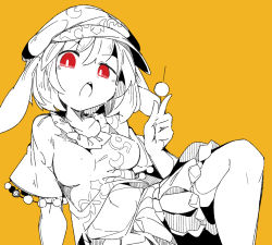 Rule 34 | 1girl, animal ears, breasts, bright pupils, rabbit ears, cabbie hat, crescent, dango, food, hat, highres, holding, limited palette, looking at viewer, massakasama, medium breasts, midriff, navel, open mouth, red eyes, ringo (touhou), short hair, shorts, simple background, solo, star (symbol), touhou, wagashi, white pupils, yellow background