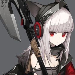 Rule 34 | 1girl, animal ears, arknights, banned artist, black hat, blunt bangs, breasts, cleavage, closed mouth, commentary, detached collar, earphones, ears through headwear, expressionless, fox ears, frostleaf (arknights), grey background, grey shirt, halberd, hat, holding, holding weapon, jacket, long hair, looking at viewer, material growth, mikoto (oi plus), off shoulder, open clothes, open jacket, oripathy lesion (arknights), pale skin, polearm, portrait, red eyes, red jacket, shirt, silver hair, simple background, small breasts, solo, weapon