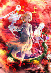 Rule 34 | 1girl, :d, absurdres, black footwear, blonde hair, blue shirt, dragon horns, dragon tail, flower, full body, green skirt, highres, horns, kicchou yachie, looking at viewer, nettian51, open mouth, red background, red eyes, shirt, short hair, skeleton, skirt, smile, solo, spider lily, tail, touhou