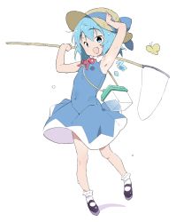 Rule 34 | 1girl, blue bow, blue dress, blue eyes, blue hair, bow, bug, butterfly, butterfly net, cirno, dress, full body, hand net, highres, ice, ice wings, insect, kt kkz, looking at viewer, short hair, simple background, tanned cirno, touhou, wings