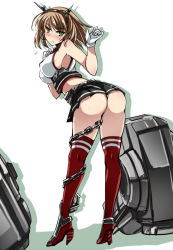 Rule 34 | 10s, 1girl, ass, bare shoulders, blush, breasts, brown hair, chain, gloves, green eyes, headgear, high heels, kantai collection, large breasts, looking at viewer, looking back, midriff, miniskirt, mutou kurihito, mutsu (kancolle), panties, pantyshot, personification, red thighhighs, short hair, skirt, solo, thighhighs, underwear, upskirt, wedgie, white gloves