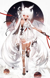 Rule 34 | 1girl, animal ears, bare shoulders, black footwear, colored eyelashes, commentary request, dark-skinned female, dark skin, detached sleeves, dress, frilled dress, frills, full body, grey background, grey wings, highres, holding, juexing (moemoe3345), long hair, long sleeves, looking at viewer, mini wings, original, red eyes, shoes, single detached sleeve, single thighhigh, solo, standing, thighhighs, twintails, very long hair, white dress, white hair, white thighhighs, wide sleeves, wings