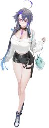Rule 34 | 1girl, ahoge, azur lane, bag, bare shoulders, black shorts, blush, boots, breasts, cleavage, closed mouth, cropped sweater, foch (azur lane), foch (rainbow rendezvous) (azur lane), full body, hair between eyes, hair ornament, hairclip, handbag, high-waist shorts, highres, holster, jewelry, knife sheath, knife sheath, large breasts, legs, looking at viewer, manjuu (azur lane), medium hair, multicolored hair, necklace, off-shoulder sweater, off shoulder, official alternate costume, official art, ohisashiburi, pink eyes, purple hair, sheath, shorts, solo, standing, sweater, thigh holster, transparent background, white sweater