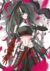 Rule 34 | 1girl, absurdres, arknights, bare shoulders, black gloves, black pants, breasts, cowboy shot, crop top, elbow gloves, gloves, green hair, grin, hand fan, highres, holding, holding fan, horns, hoshiguma (arknights), kokawaaokawa, long hair, looking at viewer, medium breasts, midriff, navel, official alternate costume, pants, ponytail, scabbard, sheath, sheathed, single horn, smile, solo, standing, stomach, sword, very long hair, weapon, yellow eyes