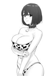 Rule 34 | 1girl, animal print, bikini, breasts, cleavage, cow print, cowbell, highres, large breasts, mole, navel, short hair, solo, strapless, strapless bikini, sweat, swimsuit, tantanmen72