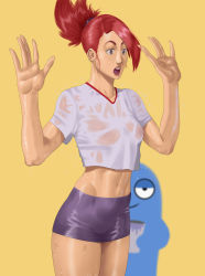 Rule 34 | 1boy, 1girl, absurdres, blooregard q kazoo, breasts, brown eyes, bucket, cowboy shot, creature, crop top, ear piercing, earrings, foster&#039;s home for imaginary friends, frankie foster, half-closed eyes, hands up, high ponytail, highres, jewelry, legs together, microskirt, midriff, miniskirt, navel, open mouth, pencil skirt, piercing, purple skirt, red hair, see-through, shirt, short hair, short sleeves, simple background, skirt, small breasts, smirk, stomach, surprised, toned female, wet, wet clothes, wet shirt, white shirt, yellow background