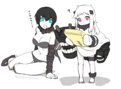 Rule 34 | 10s, 2girls, :d, ?, abyssal ship, anklet, aqua eyes, barefoot, bikini, black hair, box, breasts, cleavage, dress, gloves, holding, horns, jewelry, kantai collection, ko-on (ningen zoo), large breasts, long hair, mittens, multiple girls, navel, northern ocean princess, open mouth, red eyes, ri-class heavy cruiser, sitting, sketch, smile, standing, swimsuit, translation request, white dress, white gloves, white hair