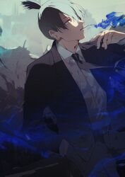 Rule 34 | 1boy, absurdres, belt, black belt, black hair, black necktie, black pants, blue eyes, chainsaw man, cigarette, collared shirt, commentary, cowboy shot, earrings, formal, hair between eyes, hand in pocket, hand up, hayakawa aki, highres, jacket, jewelry, li-e, long bangs, long sleeves, looking at viewer, male focus, necktie, open clothes, open jacket, pants, parted lips, shirt, shirt tucked in, short hair, smoke, smoking, solo, standing, stud earrings, suit, topknot, white shirt