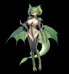 1girl :d absurdres alternate_costume black_background breasts claws commentary_request corruption dragon_girl dragon_horns dragon_tail dragon_wings duel_monster fang full_body green_hair hand_on_own_hip highres horns lactation large_breasts low_wings open_mouth parlor_dragonmaid pussy_juice red_eyes revealing_clothes shen_hai_ichigo shrug_(clothing) skin_fang skin_tight skindentation slit_pupils smile solo tail thighhighs tube wings yu-gi-oh!
