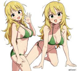 Rule 34 | 1girl, ahoge, all fours, artist name, bare arms, bare shoulders, barefoot, bikini, blonde hair, blush, breasts, cleavage, collarbone, from side, green bikini, green eyes, hand up, highres, hoshii miki, idolmaster, idolmaster (classic), large breasts, long hair, looking at viewer, multiple views, open mouth, shisoneri, side-tie bikini bottom, simple background, smile, solo, swimsuit, twitter username, waving, white background