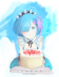 Rule 34 | 1girl, bad id, bad pixiv id, blue background, blue eyes, blue hair, cake, closed mouth, commentary request, food, hair over one eye, hair ribbon, highres, jyunhh, looking at viewer, re:zero kara hajimeru isekai seikatsu, rem (re:zero), ribbon, smile, solo