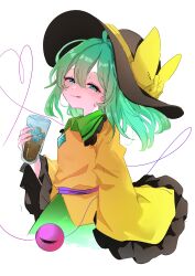 Rule 34 | 1girl, absurdres, black headwear, bow, cola, cup, from side, glass, green eyes, green hair, green skirt, highres, holding, holding cup, ice, ice cube, jacket, komeiji koishi, koroyarou, long hair, looking at viewer, sketch, skirt, smile, solo, touhou, yellow bow, yellow jacket