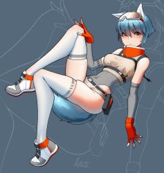 Rule 34 | 1girl, absurdres, animal ears, bare shoulders, belt, blue hair, dog ears, dog tail, fingerless gloves, floating, gloves, goggles, goggles on head, highres, nail polish, navel, orange eyes, original, percentplus, shoes, skindentation, sneakers, tail, thighhighs