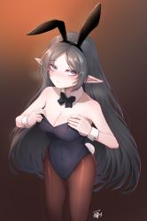Rule 34 | 1girl, absurdres, adele (maplestory), animal ears, black bow, black bowtie, black hair, black leotard, black pantyhose, bow, bowtie, breasts, brown background, character name, cleavage, commentary request, cowboy shot, detached collar, fake animal ears, gradient background, grey eyes, highres, kokukyukeo, korean commentary, large breasts, leotard, looking at viewer, maplestory, pantyhose, playboy bunny, pointy ears, rabbit ears, rabbit tail, solo, standing, tail, wrist cuffs