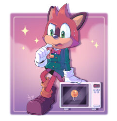 Rule 34 | 1boy, angiethecat, aqua jacket, bow, bowtie, gloves, green eyes, hand on own chin, highres, jacket, long sleeves, microwave, name tag, open mouth, protagonist (the murder of sonic the hedgehog), red bow, red bowtie, shoes, sonic (series), sparkle, sweatdrop, the murder of sonic the hedgehog, two-tone fur, uniform, white gloves