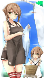 Rule 34 | 10s, 2girls, aged down, apron, bare shoulders, basket, black panties, blue sky, brown hair, clothesline, commentary request, crop top, day, highleg, highleg panties, highres, if they mated, kantai collection, laundry, looking at viewer, md5 mismatch, miniskirt, mother and daughter, multiple girls, mutsu (kancolle), open mouth, panties, saku (kudrove), short hair, skirt, sky, stool, striped clothes, striped legwear, striped thighhighs, thighhighs, underwear, yellow eyes