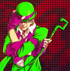 Rule 34 | 1boy, bad id, bad pixiv id, batman (series), brown hair, cane, dc comics, fingerless gloves, formal, glasses, gloves, green eyes, hat, male focus, necktie, shirami, solo, staff, suit, the riddler, traditional media