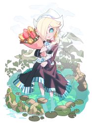 Rule 34 | 1girl, barefoot, blonde hair, blue eyes, bouquet, dress, dutch clothes, earrings, flower, hair over one eye, hat, holding, holding bouquet, hoshikuzu pan, jewelry, leaf, lily pad, mario (series), mario kart, mario kart tour, moss, nintendo, plant, pond, rosalina, rosalina (volendam), solo, star (symbol), star earrings, traditional clothes, tulip, wading, water