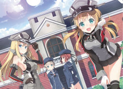 Rule 34 | 10s, 4girls, bare shoulders, bismarck (kancolle), blonde hair, blue eyes, breasts, brown eyes, brown hair, clothes writing, detached sleeves, dutch angle, gloves, hair ornament, hat, hyuuga azuri, kantai collection, large breasts, lens flare, long hair, looking at viewer, medium breasts, military, military hat, military uniform, multiple girls, peaked cap, prinz eugen (kancolle), sailor hat, short hair, silver hair, smile, twintails, uniform, z1 leberecht maass (kancolle), z3 max schultz (kancolle)