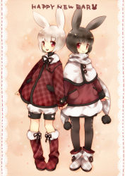Rule 34 | 2girls, animal ears, black hair, boots, bow, rabbit ears, coat, ech, holding hands, highres, multiple girls, open mouth, original, pantyhose, pun, red eyes, scarf, short hair, shorts, smile, standing, white hair