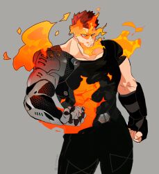 Rule 34 | 1boy, bara, bionic, black pants, black shirt, blue eyes, boku no hero academia, clenched hand, endeavor (boku no hero academia), fire, highres, horocca, male focus, mechanical arms, muscular, muscular male, pants, red hair, shirt, short hair, silver background, simple background, solo