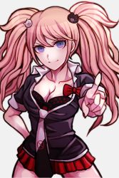 Rule 34 | 10s, 1girl, bear hair ornament, blue eyes, bow, breasts, cleavage, cowboy shot, danganronpa: trigger happy havoc, danganronpa (series), enoshima junko, grey background, hair ornament, hand on own hip, hisida, loose necktie, miniskirt, nail polish, necktie, pink hair, pleated skirt, pointing, pointing at viewer, red nails, red skirt, simple background, skirt, smile, solo, spoilers, twintails