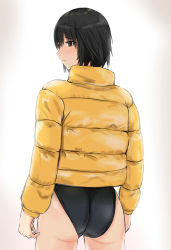 Rule 34 | 1girl, amagami, ass, black hair, black one-piece swimsuit, brown eyes, coat, cowboy shot, down jacket, from behind, highres, jacket, looking to the side, nanasaki ai, one-piece swimsuit, short hair, simple background, solo, standing, swimsuit, swimsuit under clothes, white background, winter clothes, winter coat, yellow jacket, yoo tenchi